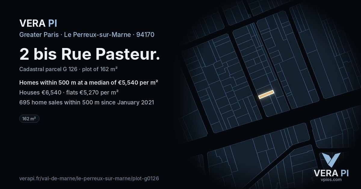 2 bis Rue Pasteur, Le Perreux-sur-Marne at night – the plot lit, the parcels around coloured by the prices near them