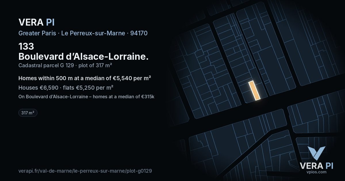 133 Boulevard d’Alsace-Lorraine, Le Perreux-sur-Marne at night – the plot lit, the parcels around coloured by the prices near them