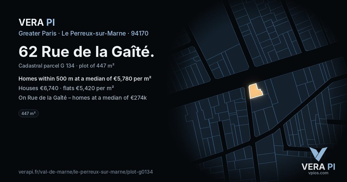 62 Rue de la Gaîté, Le Perreux-sur-Marne at night – the plot lit, the parcels around coloured by the prices near them