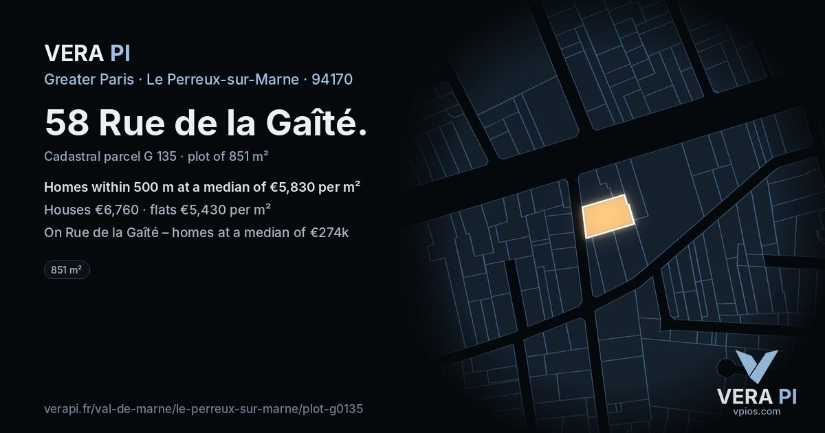 58 Rue de la Gaîté, Le Perreux-sur-Marne at night – the plot lit, the parcels around coloured by the prices near them