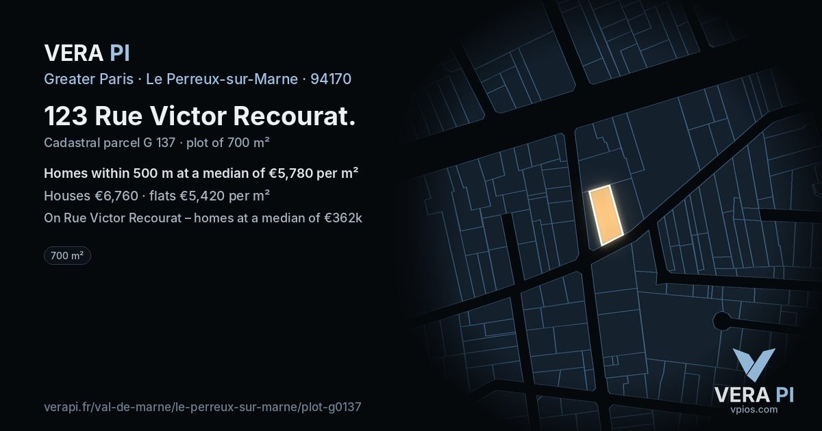 123 Rue Victor Recourat, Le Perreux-sur-Marne at night – the plot lit, the parcels around coloured by the prices near them