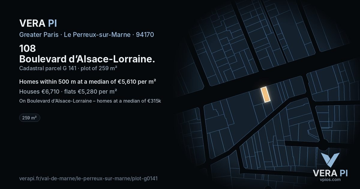 108 Boulevard d’Alsace-Lorraine, Le Perreux-sur-Marne at night – the plot lit, the parcels around coloured by the prices near them