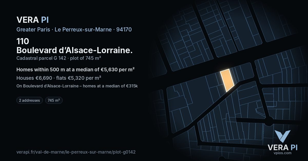 110 Boulevard d’Alsace-Lorraine, Le Perreux-sur-Marne at night – the plot lit, the parcels around coloured by the prices near them