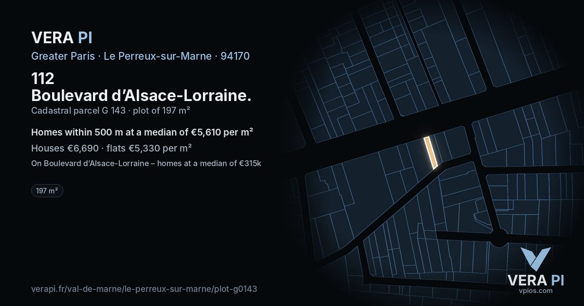 112 Boulevard d’Alsace-Lorraine, Le Perreux-sur-Marne at night – the plot lit, the parcels around coloured by the prices near them