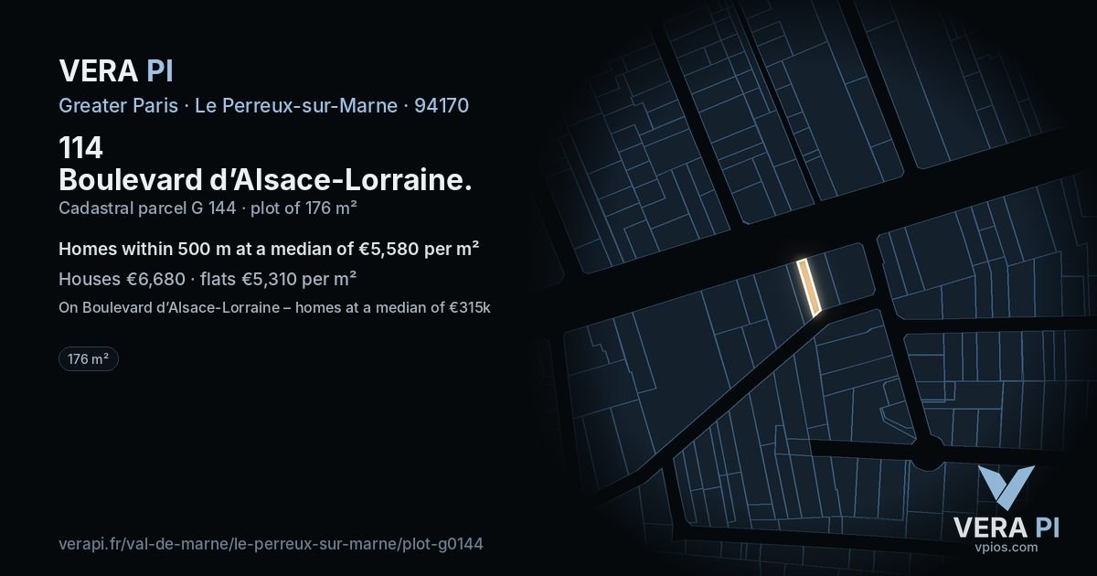114 Boulevard d’Alsace-Lorraine, Le Perreux-sur-Marne at night – the plot lit, the parcels around coloured by the prices near them