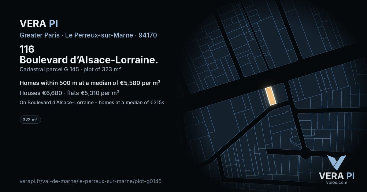 116 Boulevard d’Alsace-Lorraine, Le Perreux-sur-Marne at night – the plot lit, the parcels around coloured by the prices near them