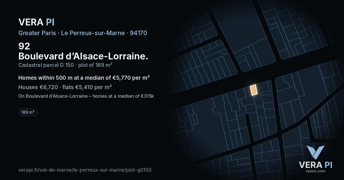 92 Boulevard d’Alsace-Lorraine, Le Perreux-sur-Marne at night – the plot lit, the parcels around coloured by the prices near them