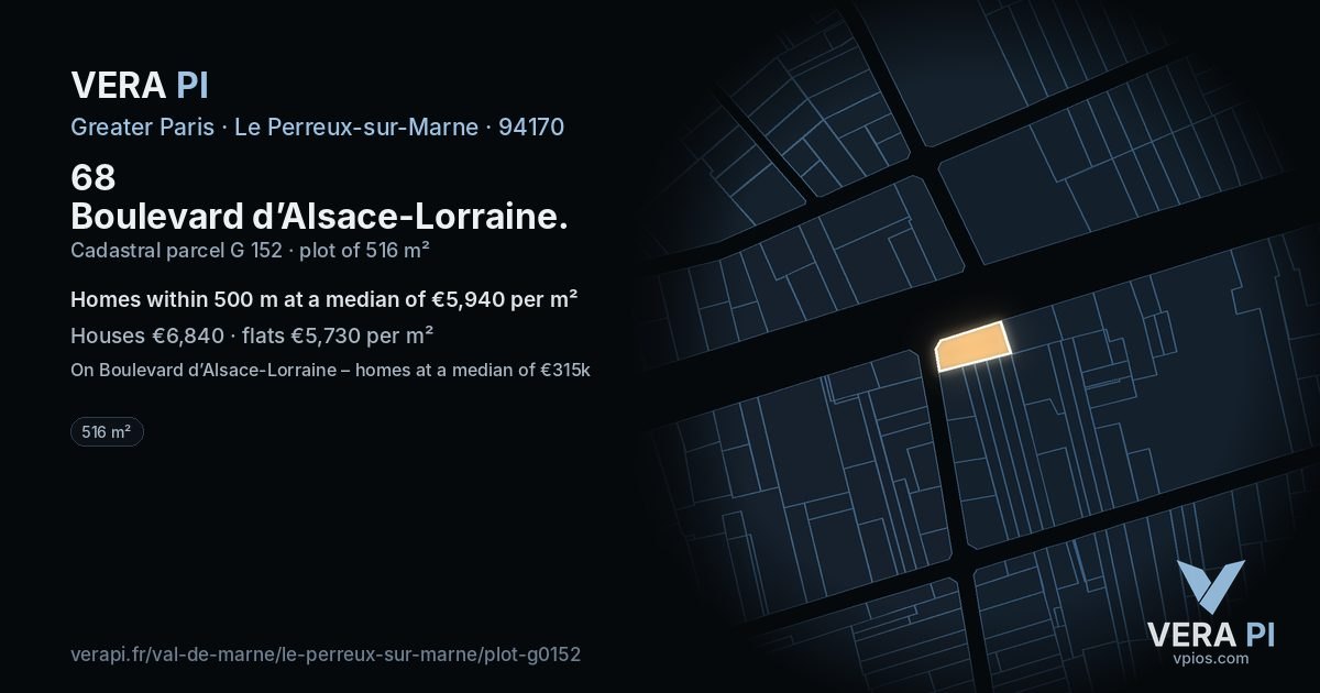 68 Boulevard d’Alsace-Lorraine, Le Perreux-sur-Marne at night – the plot lit, the parcels around coloured by the prices near them
