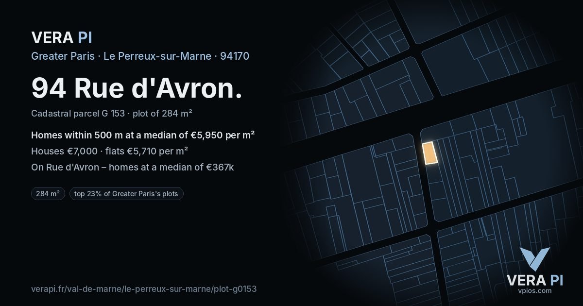 94 Rue d'Avron, Le Perreux-sur-Marne at night – the plot lit, the parcels around coloured by the prices near them