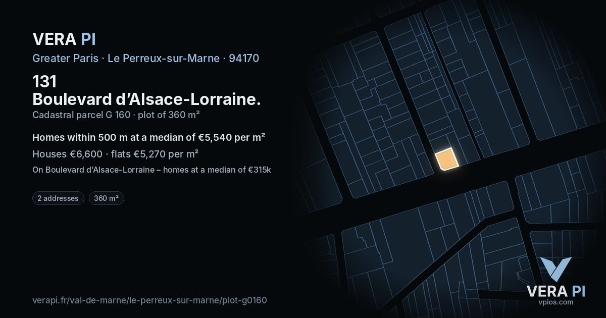 131 Boulevard d’Alsace-Lorraine, Le Perreux-sur-Marne at night – the plot lit, the parcels around coloured by the prices near them
