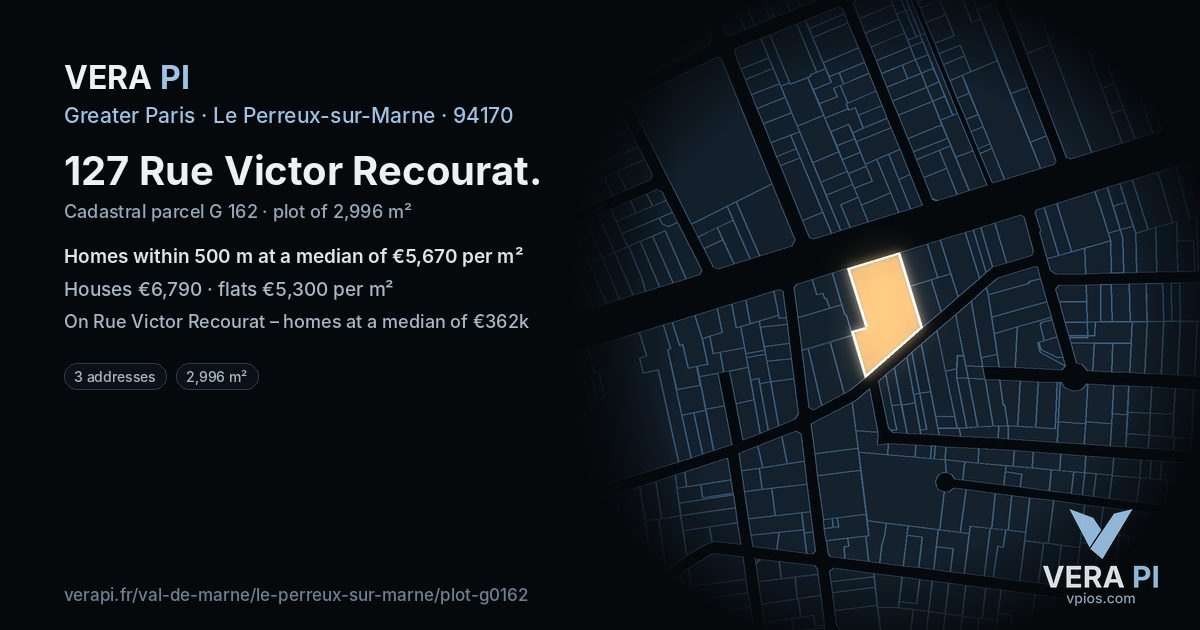 127 Rue Victor Recourat, Le Perreux-sur-Marne at night – the plot lit, the parcels around coloured by the prices near them