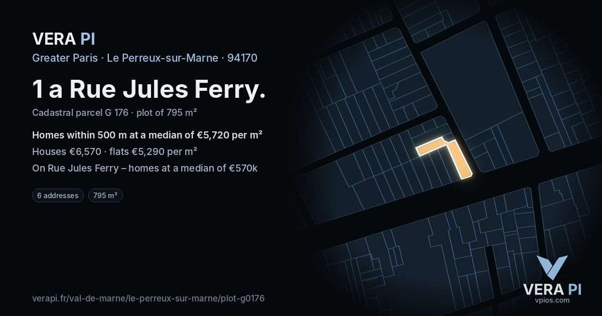 1 a Rue Jules Ferry, Le Perreux-sur-Marne at night – the plot lit, the parcels around coloured by the prices near them