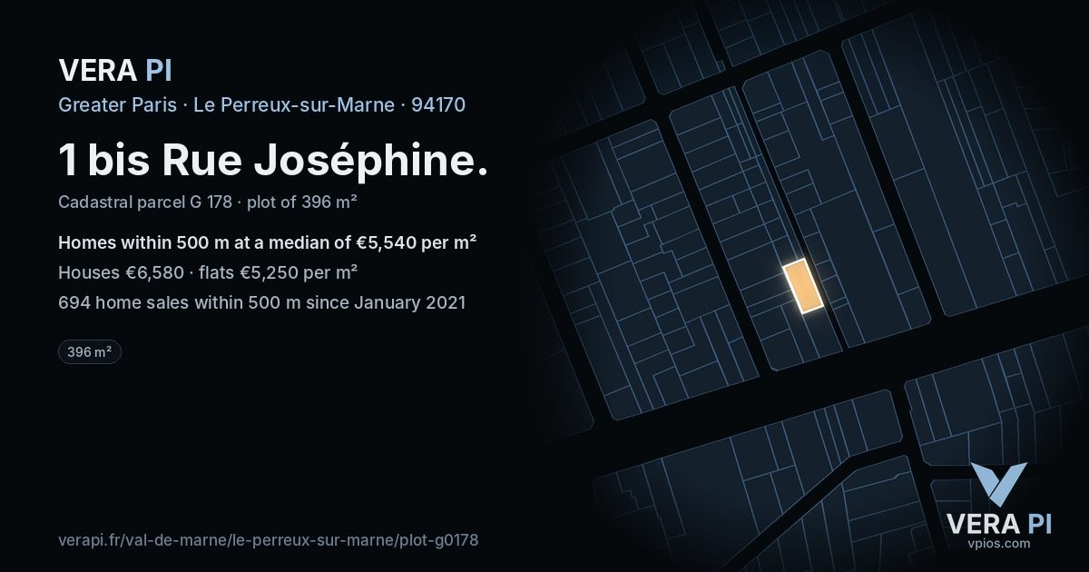 1 bis Rue Joséphine, Le Perreux-sur-Marne at night – the plot lit, the parcels around coloured by the prices near them