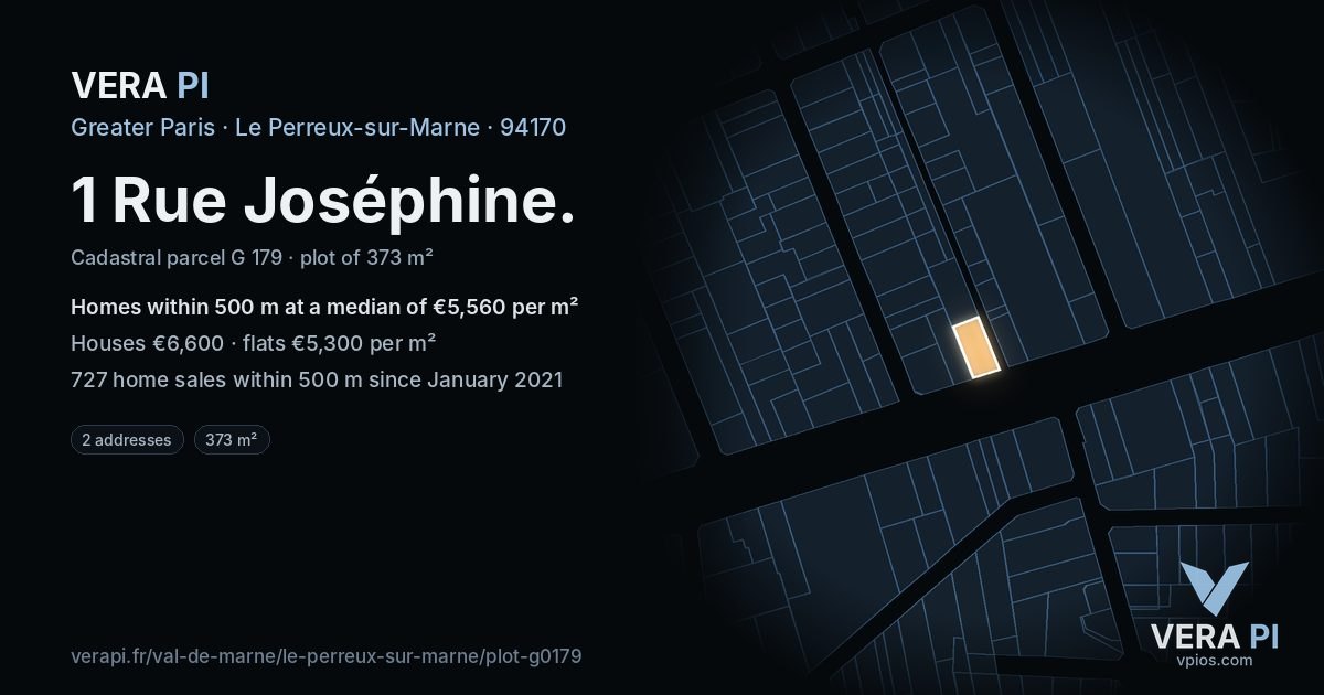 1 Rue Joséphine, Le Perreux-sur-Marne at night – the plot lit, the parcels around coloured by the prices near them
