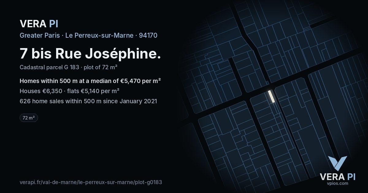 7 bis Rue Joséphine, Le Perreux-sur-Marne at night – the plot lit, the parcels around coloured by the prices near them
