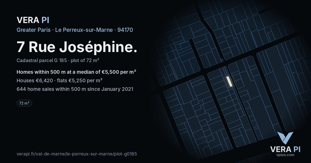 7 Rue Joséphine, Le Perreux-sur-Marne at night – the plot lit, the parcels around coloured by the prices near them