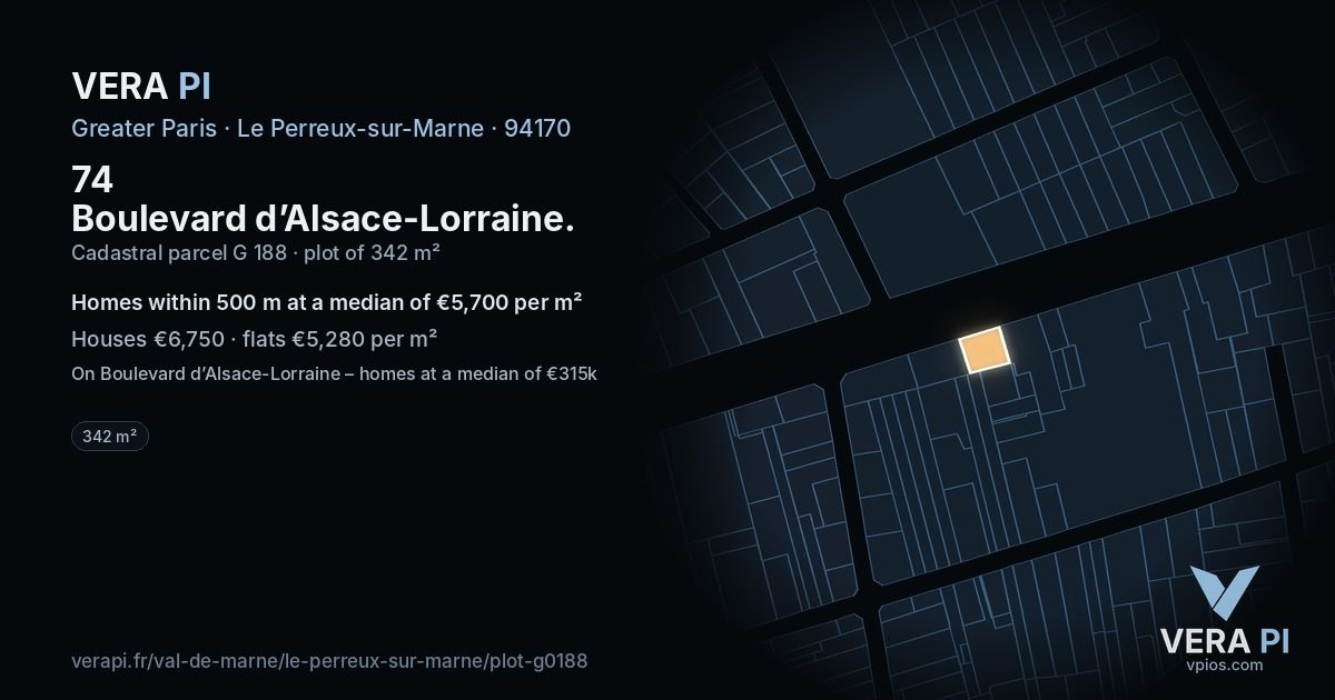 74 Boulevard d’Alsace-Lorraine, Le Perreux-sur-Marne at night – the plot lit, the parcels around coloured by the prices near them