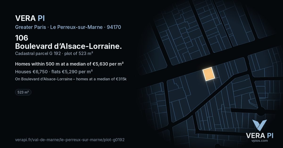 106 Boulevard d’Alsace-Lorraine, Le Perreux-sur-Marne at night – the plot lit, the parcels around coloured by the prices near them