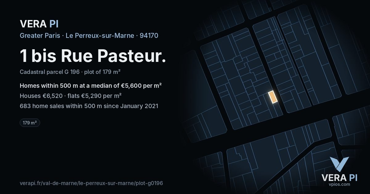 1 bis Rue Pasteur, Le Perreux-sur-Marne at night – the plot lit, the parcels around coloured by the prices near them