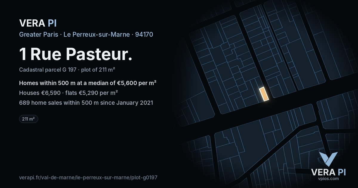 1 Rue Pasteur, Le Perreux-sur-Marne at night – the plot lit, the parcels around coloured by the prices near them