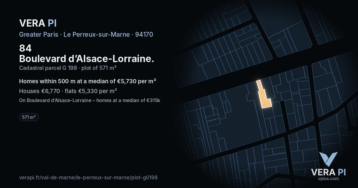 84 Boulevard d’Alsace-Lorraine, Le Perreux-sur-Marne at night – the plot lit, the parcels around coloured by the prices near them