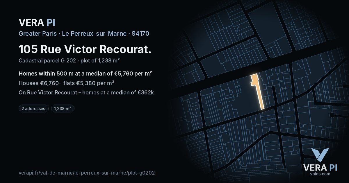 105 Rue Victor Recourat, Le Perreux-sur-Marne at night – the plot lit, the parcels around coloured by the prices near them