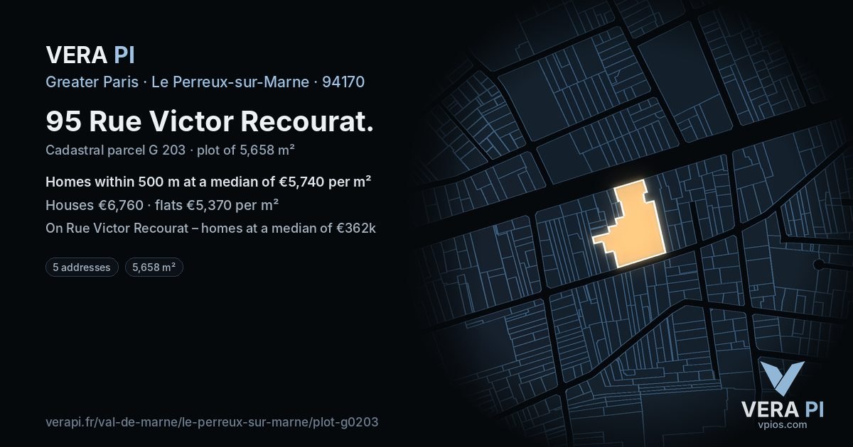 95 Rue Victor Recourat, Le Perreux-sur-Marne at night – the plot lit, the parcels around coloured by the prices near them