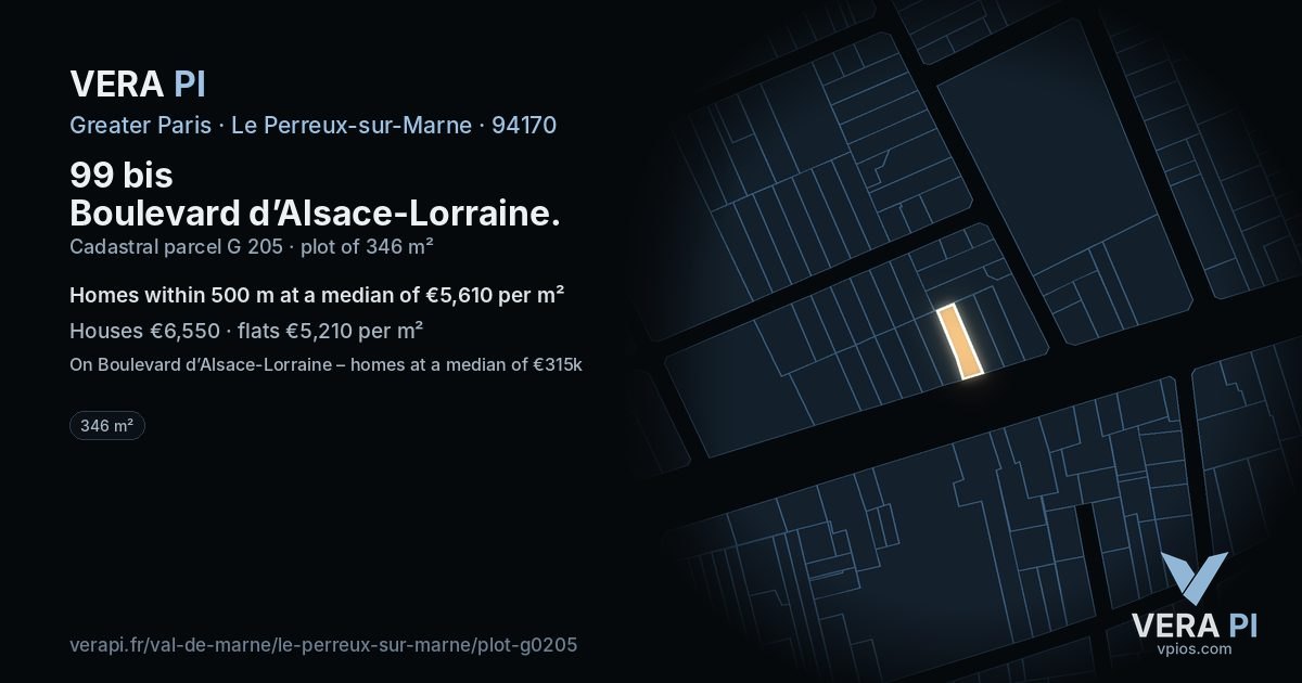 99 bis Boulevard d’Alsace-Lorraine, Le Perreux-sur-Marne at night – the plot lit, the parcels around coloured by the prices near them
