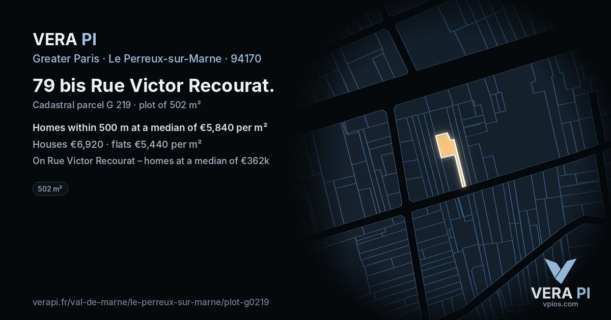 79 bis Rue Victor Recourat, Le Perreux-sur-Marne at night – the plot lit, the parcels around coloured by the prices near them