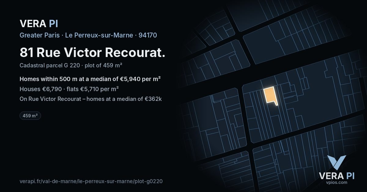 81 Rue Victor Recourat, Le Perreux-sur-Marne at night – the plot lit, the parcels around coloured by the prices near them