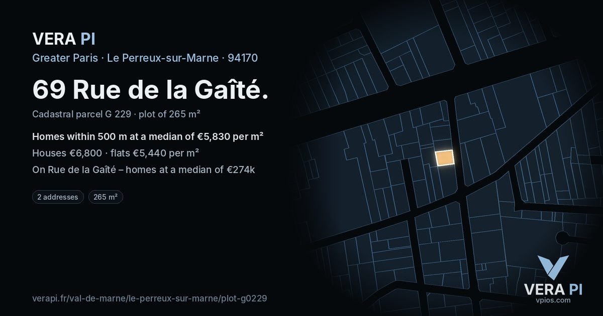 69 Rue de la Gaîté, Le Perreux-sur-Marne at night – the plot lit, the parcels around coloured by the prices near them
