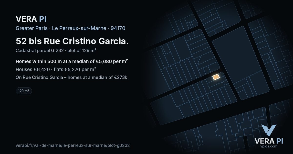 52 bis Rue Cristino Garcia, Le Perreux-sur-Marne at night – the plot lit, the parcels around coloured by the prices near them