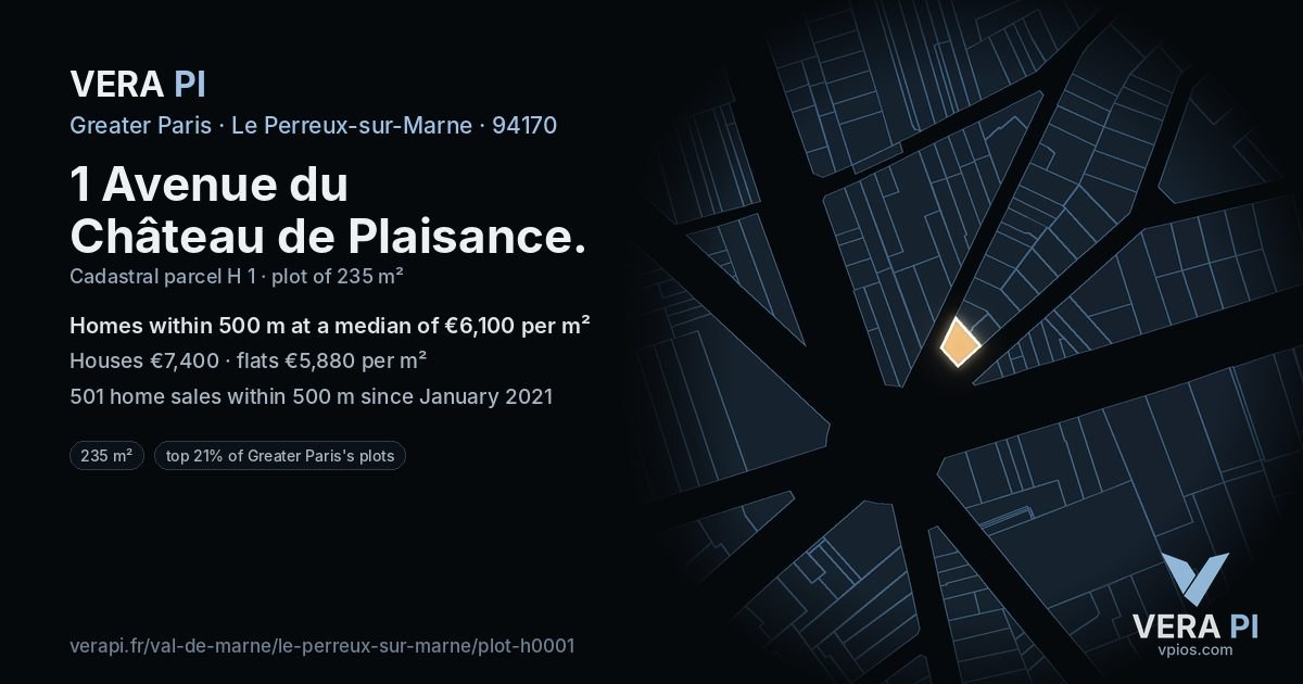 1 Avenue du Château de Plaisance, Le Perreux-sur-Marne at night – the plot lit, the parcels around coloured by the prices near them