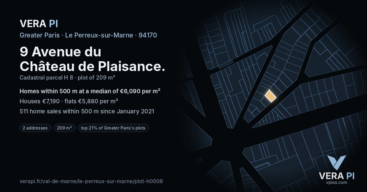 9 Avenue du Château de Plaisance, Le Perreux-sur-Marne at night – the plot lit, the parcels around coloured by the prices near them