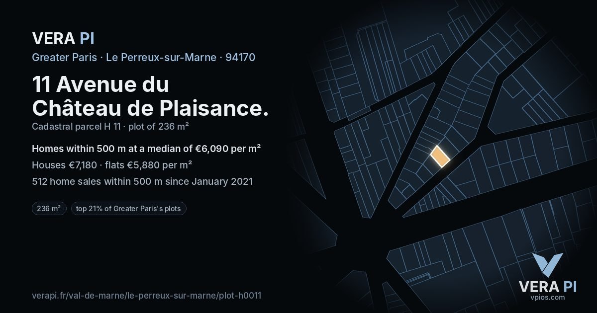 11 Avenue du Château de Plaisance, Le Perreux-sur-Marne at night – the plot lit, the parcels around coloured by the prices near them