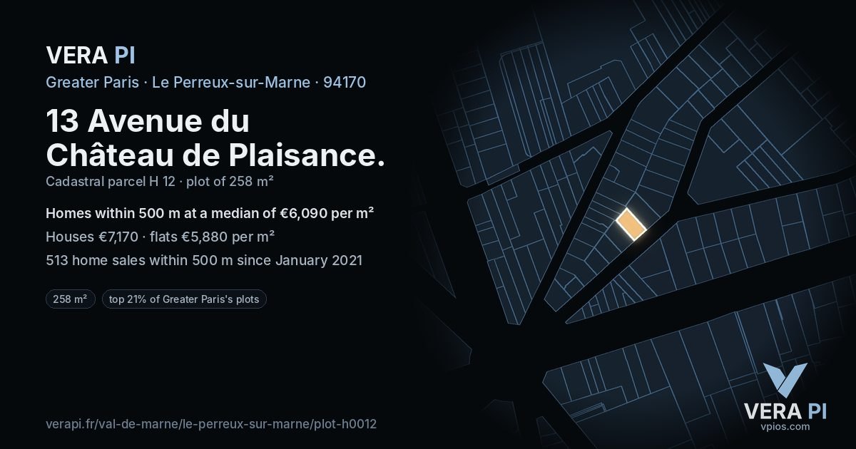 13 Avenue du Château de Plaisance, Le Perreux-sur-Marne at night – the plot lit, the parcels around coloured by the prices near them