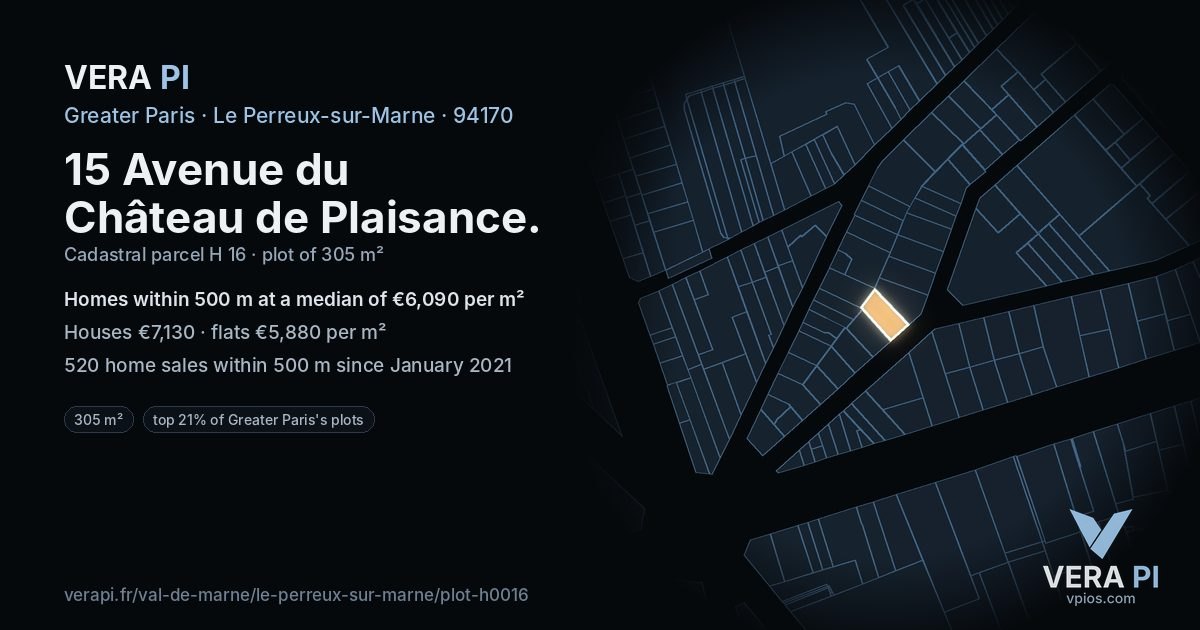 15 Avenue du Château de Plaisance, Le Perreux-sur-Marne at night – the plot lit, the parcels around coloured by the prices near them