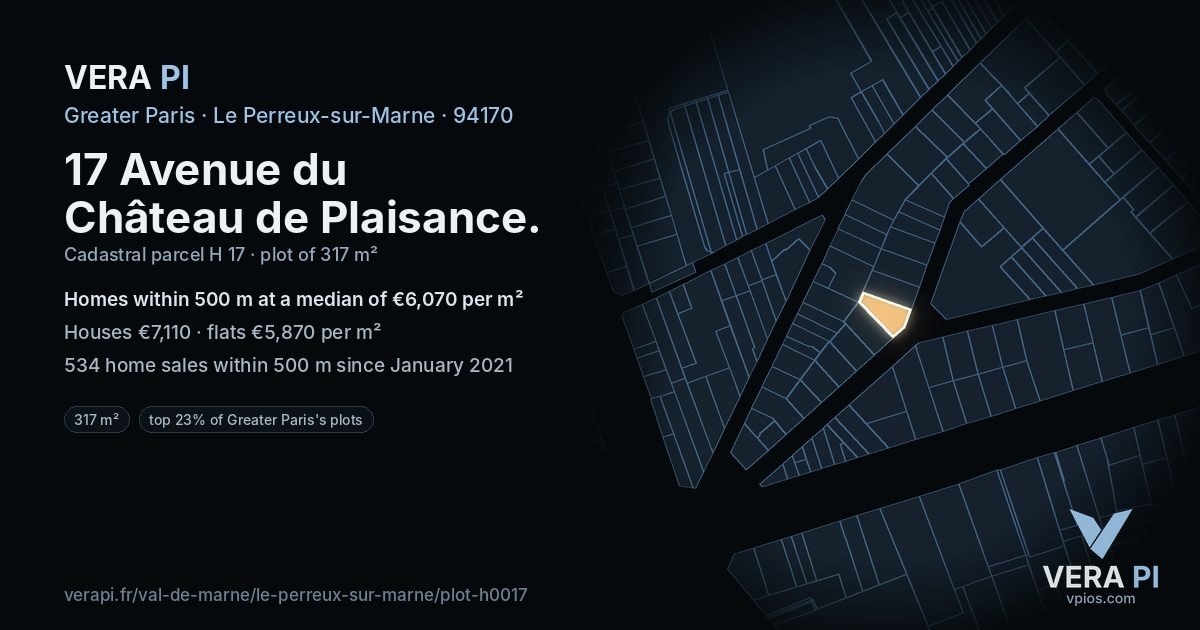 17 Avenue du Château de Plaisance, Le Perreux-sur-Marne at night – the plot lit, the parcels around coloured by the prices near them