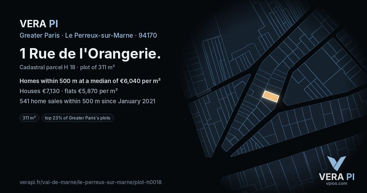 1 Rue de l'Orangerie, Le Perreux-sur-Marne at night – the plot lit, the parcels around coloured by the prices near them