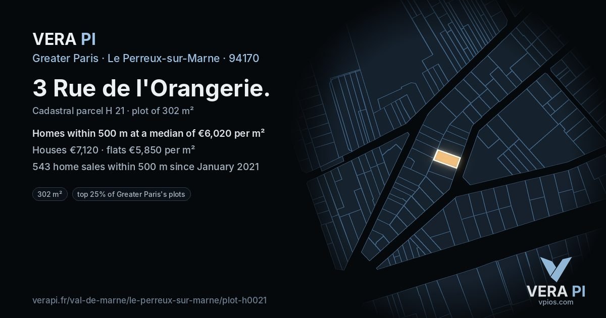 3 Rue de l'Orangerie, Le Perreux-sur-Marne at night – the plot lit, the parcels around coloured by the prices near them