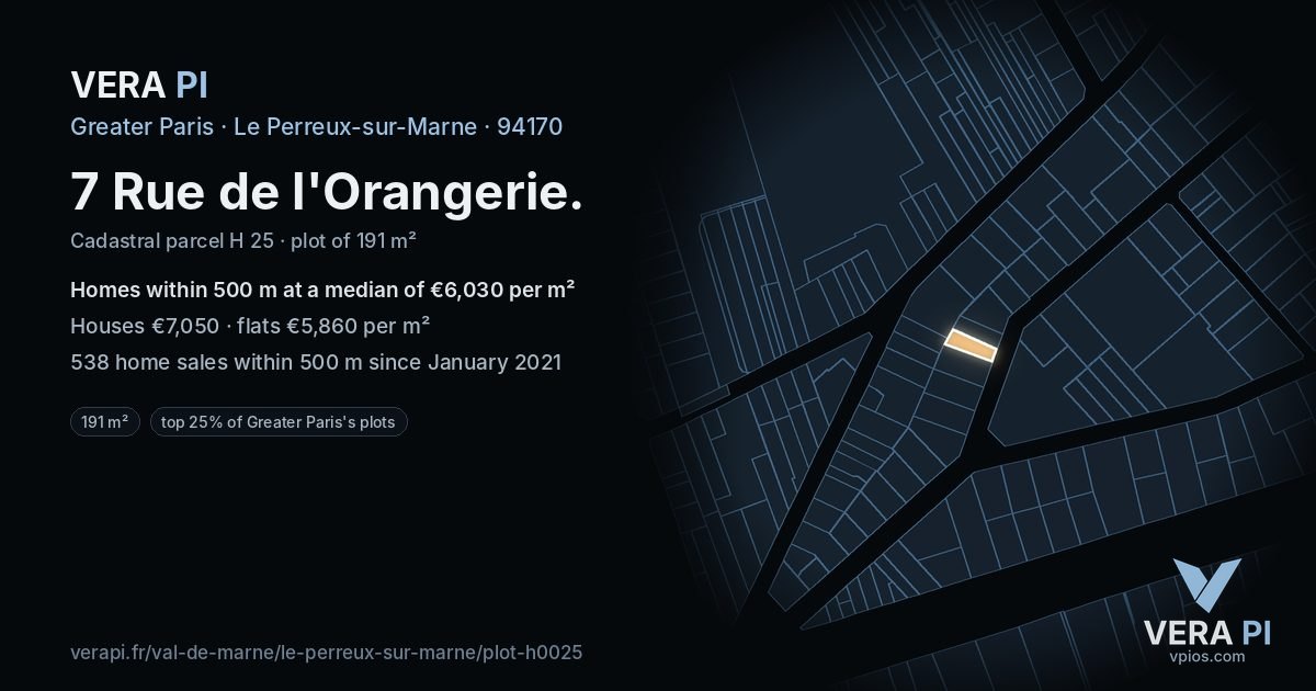 7 Rue de l'Orangerie, Le Perreux-sur-Marne at night – the plot lit, the parcels around coloured by the prices near them