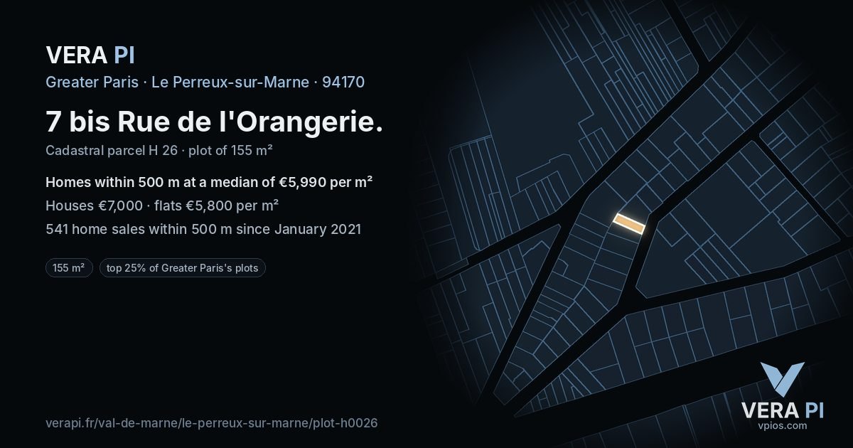 7 bis Rue de l'Orangerie, Le Perreux-sur-Marne at night – the plot lit, the parcels around coloured by the prices near them