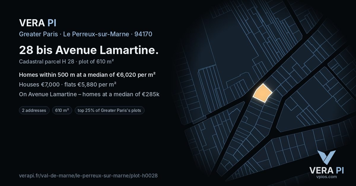 28 bis Avenue Lamartine, Le Perreux-sur-Marne at night – the plot lit, the parcels around coloured by the prices near them