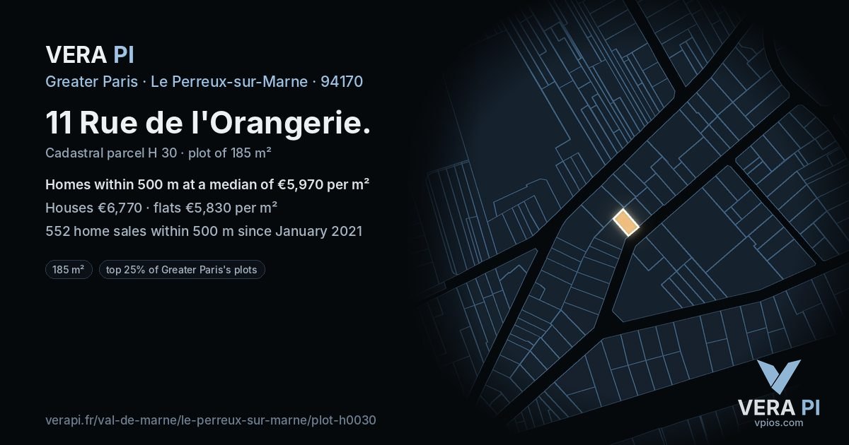 11 Rue de l'Orangerie, Le Perreux-sur-Marne at night – the plot lit, the parcels around coloured by the prices near them
