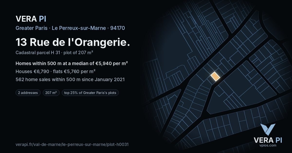 13 Rue de l'Orangerie, Le Perreux-sur-Marne at night – the plot lit, the parcels around coloured by the prices near them
