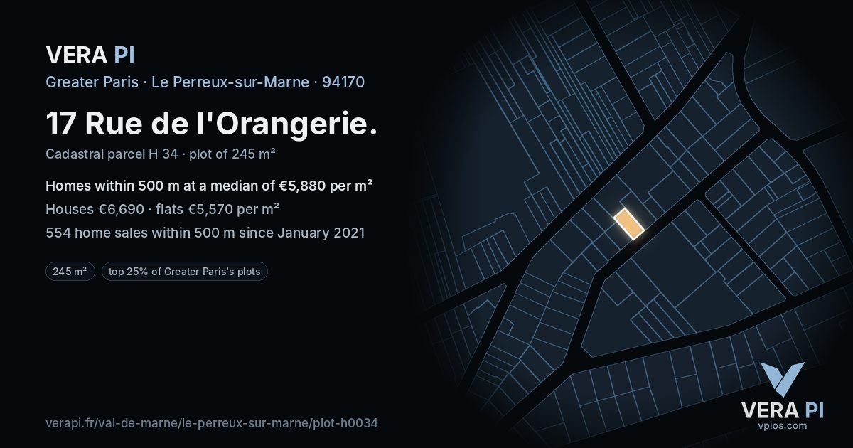 17 Rue de l'Orangerie, Le Perreux-sur-Marne at night – the plot lit, the parcels around coloured by the prices near them