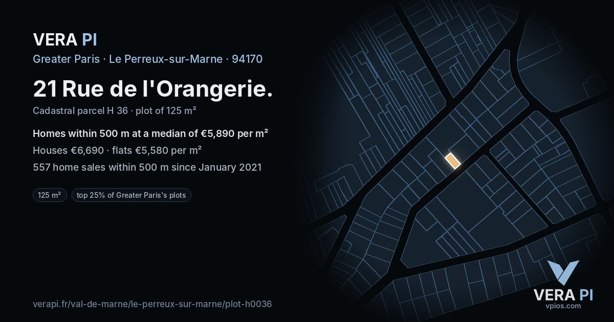 21 Rue de l'Orangerie, Le Perreux-sur-Marne at night – the plot lit, the parcels around coloured by the prices near them