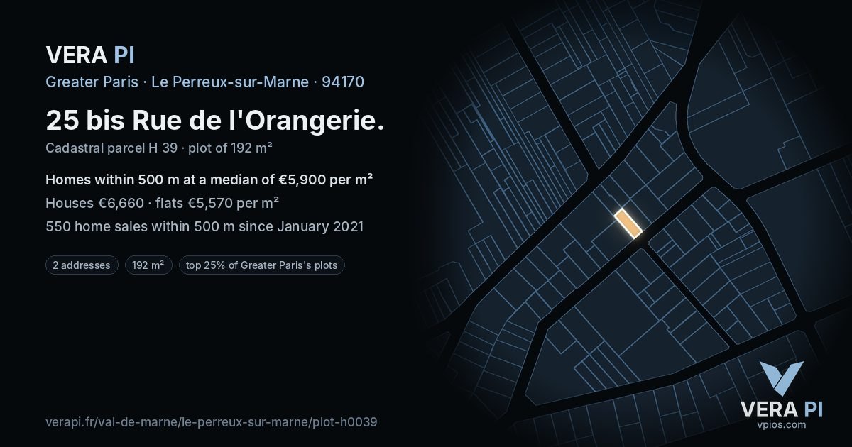 25 bis Rue de l'Orangerie, Le Perreux-sur-Marne at night – the plot lit, the parcels around coloured by the prices near them