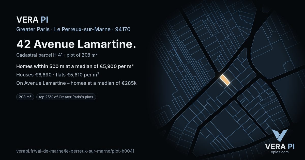 42 Avenue Lamartine, Le Perreux-sur-Marne at night – the plot lit, the parcels around coloured by the prices near them