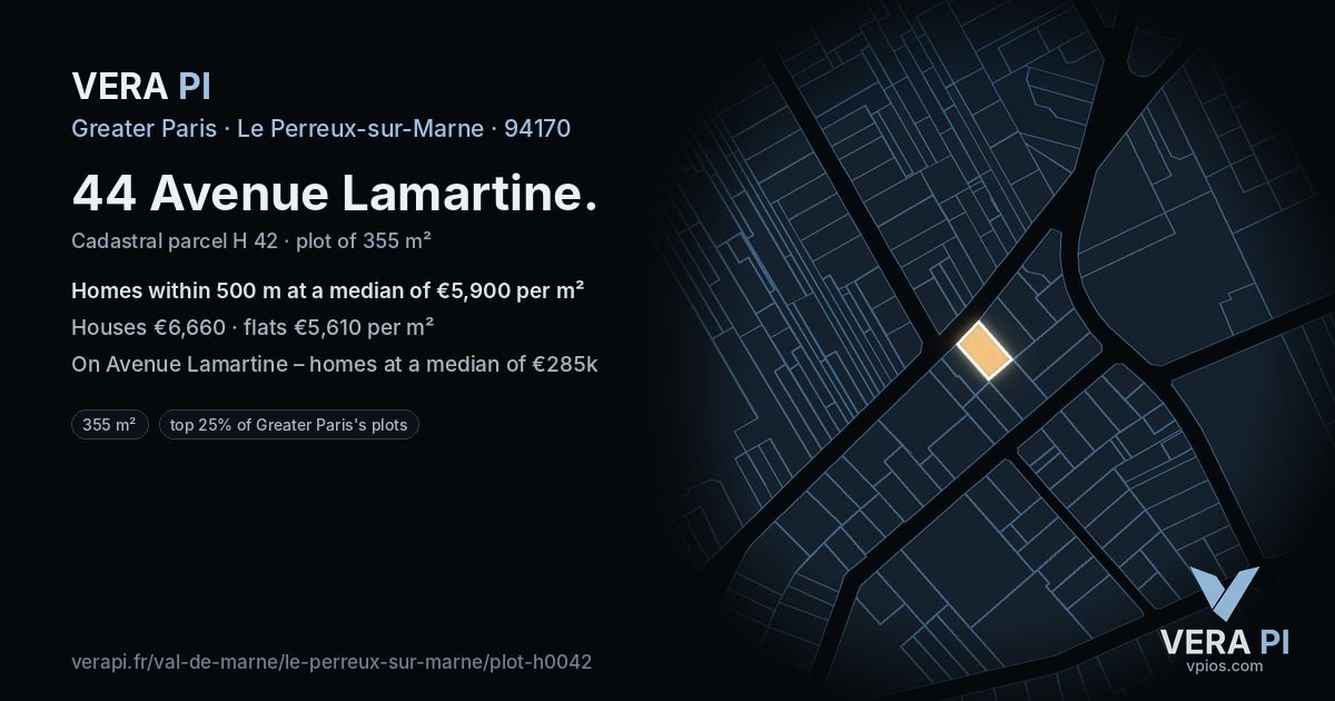 44 Avenue Lamartine, Le Perreux-sur-Marne at night – the plot lit, the parcels around coloured by the prices near them